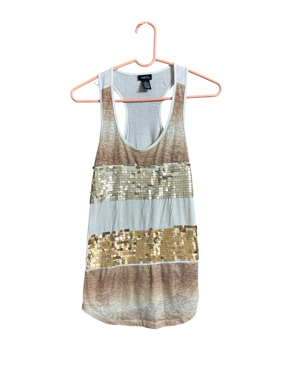 Y2K inspired Rue21 Cream and Gold Sequin Racerback Tank Top